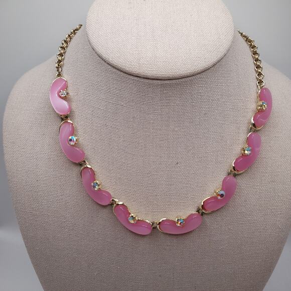 Vintage 1950s Pink Moon Glow Choker Necklace Gold Plated AB Rhinestones 17” - Picture 2 of 9